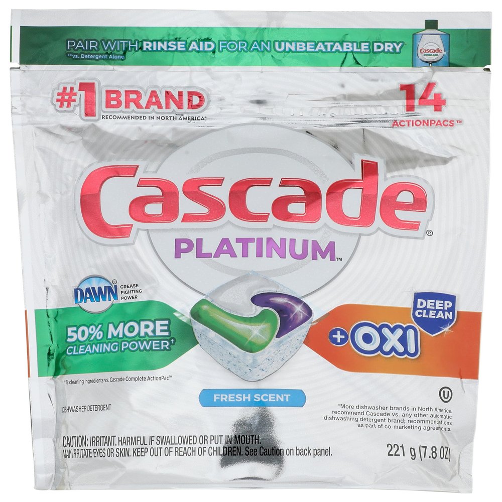 CASCADE Platinum ActionPacs + Oxi, Dishwasher Detergent, Fresh Scent, 14 Ct