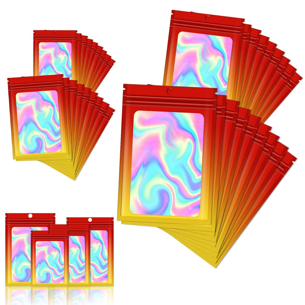 120 PCS Smell Proof Mylar Bags Resealable Odor Proof Bags Holographic Packaging Pouch Bag with Clear Window for Food Storage Jewelry Candy Electronics Storage, 4 Sizes