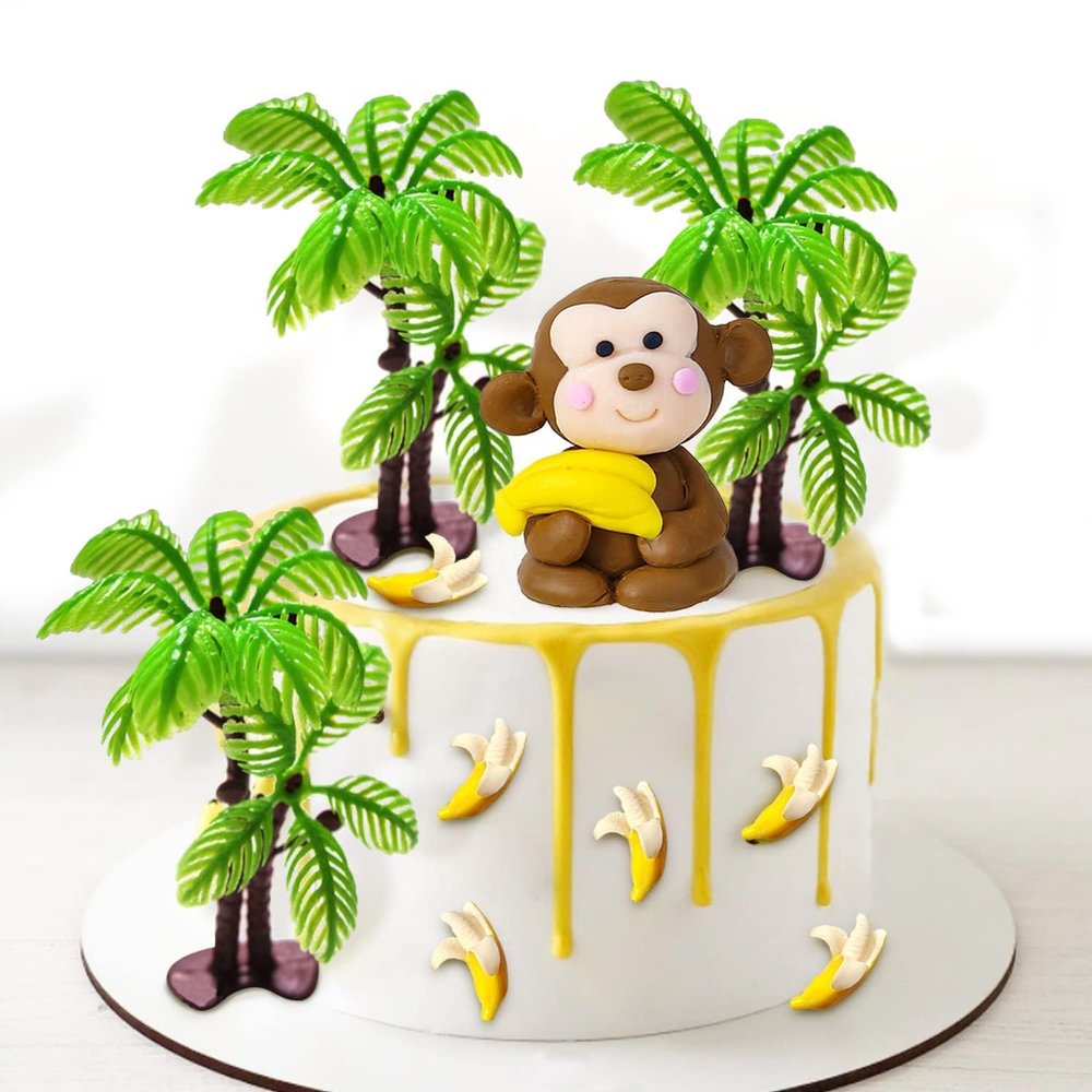 11 PCS Monkey Cake Topper with Coconut Trees Banana Cake Decoration for Jungle Safari Animal Themed Birthday Baby Shower Party Supplies