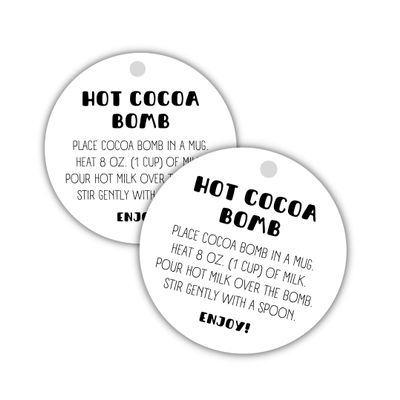 Hot Cocoa Bomb Instruction Cards | 30 Pack | 2.5" inch Circle Tag with Pre-Cut Hole | Hot Cocoa Bomb Supplies | Black and White Design
