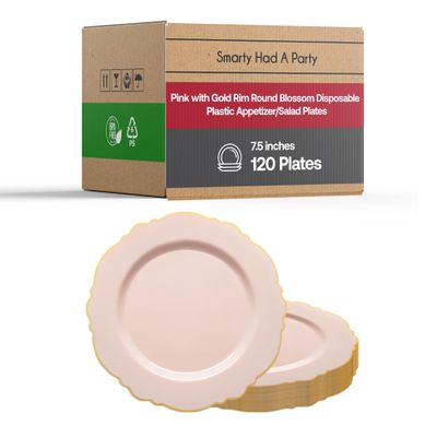Smarty Had A Party Elegant Disposable Plastic Dinnerware Sets, Blossom Rim Design Pink and Gold 7.5" Salad Plates for Weddings, Birthdays, and Occasions (120 Count)