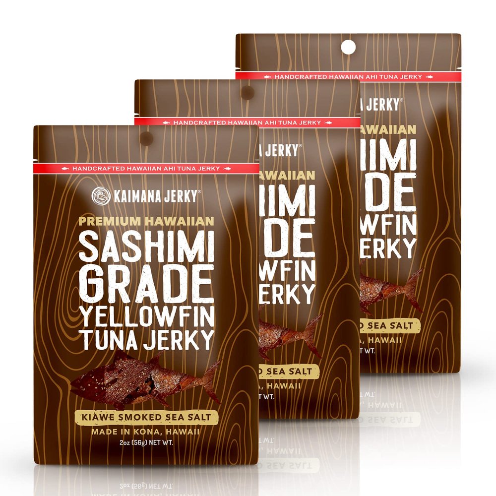 Kaimana Ahi Tuna Jerky Kiawe Smoked Sea Salt - Soft and Tasty - Premium Fish Jerky Made in the USA. High in Omega 3's, All Natural and Wild Caught - 2 Ounce (Pack of 3)