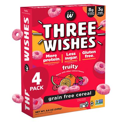 Three Wishes Grain-Free & Protein Cereal - Healthy, Low Sugar & Gluten-Free Breakfast Cereal - Low Carb, Plant-Based, Vegan & Non-GMO - Fruity, 4-Pack