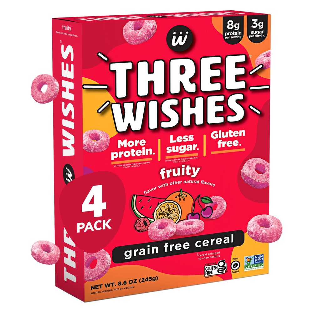 Three Wishes Grain-Free & Protein Cereal - Healthy, Low Sugar & Gluten-Free Breakfast Cereal - Low Carb, Plant-Based, Vegan & Non-GMO - Fruity, 4-Pack