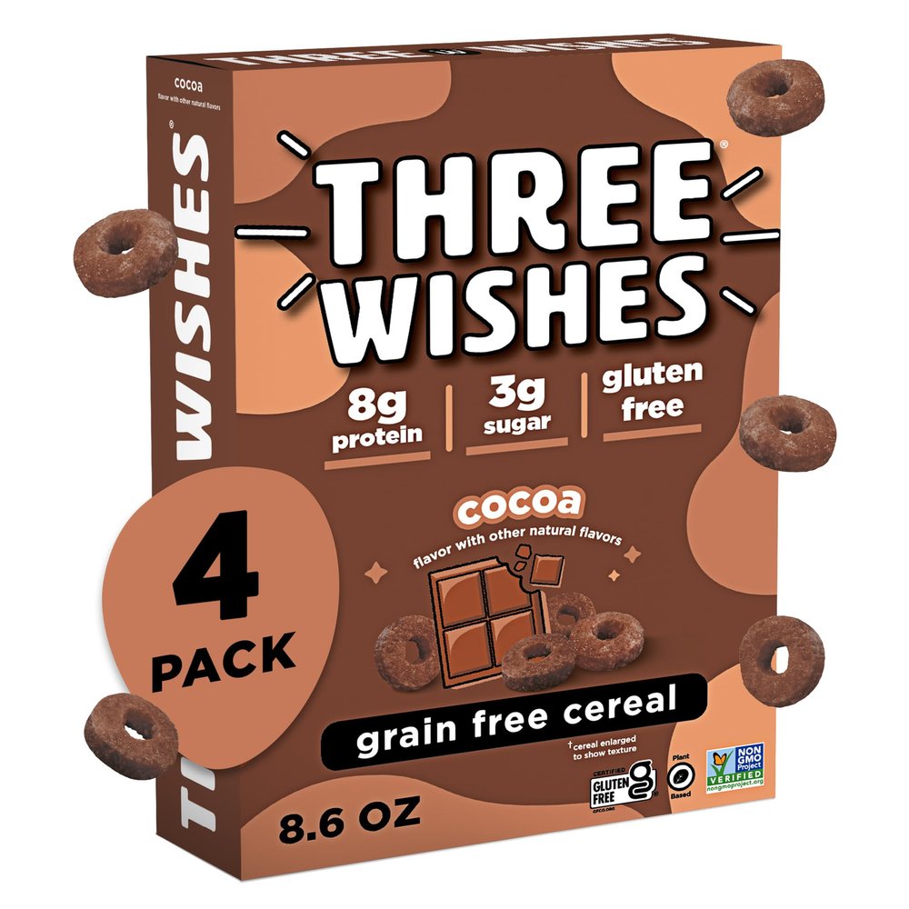 Three Wishes Grain-Free & Protein Cereal - Healthy, Low Sugar & Gluten-Free Breakfast Cereal - Low Carb, Plant-Based, Vegan & Non-GMO - Cocoa, 4-Pack