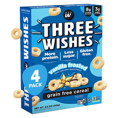 Three Wishes Grain-Free & Protein Cereal - Healthy, Low Sugar & Gluten-Free Breakfast Cereal - Low Carb, Plant-Based, Vegan & Non-GMO - Frosted, 4-Pack