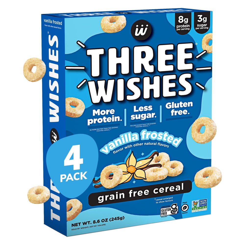 Three Wishes Grain-Free & Protein Cereal - Healthy, Low Sugar & Gluten-Free Breakfast Cereal - Low Carb, Plant-Based, Vegan & Non-GMO - Frosted, 4-Pack