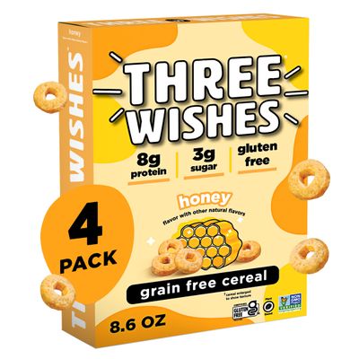 Three Wishes Grain-Free & Protein Cereal - Healthy, Low Sugar & Gluten-Free Breakfast Cereal - Low Carb, Plant-Based, Vegan & Non-GMO - Honey, 4-Pack