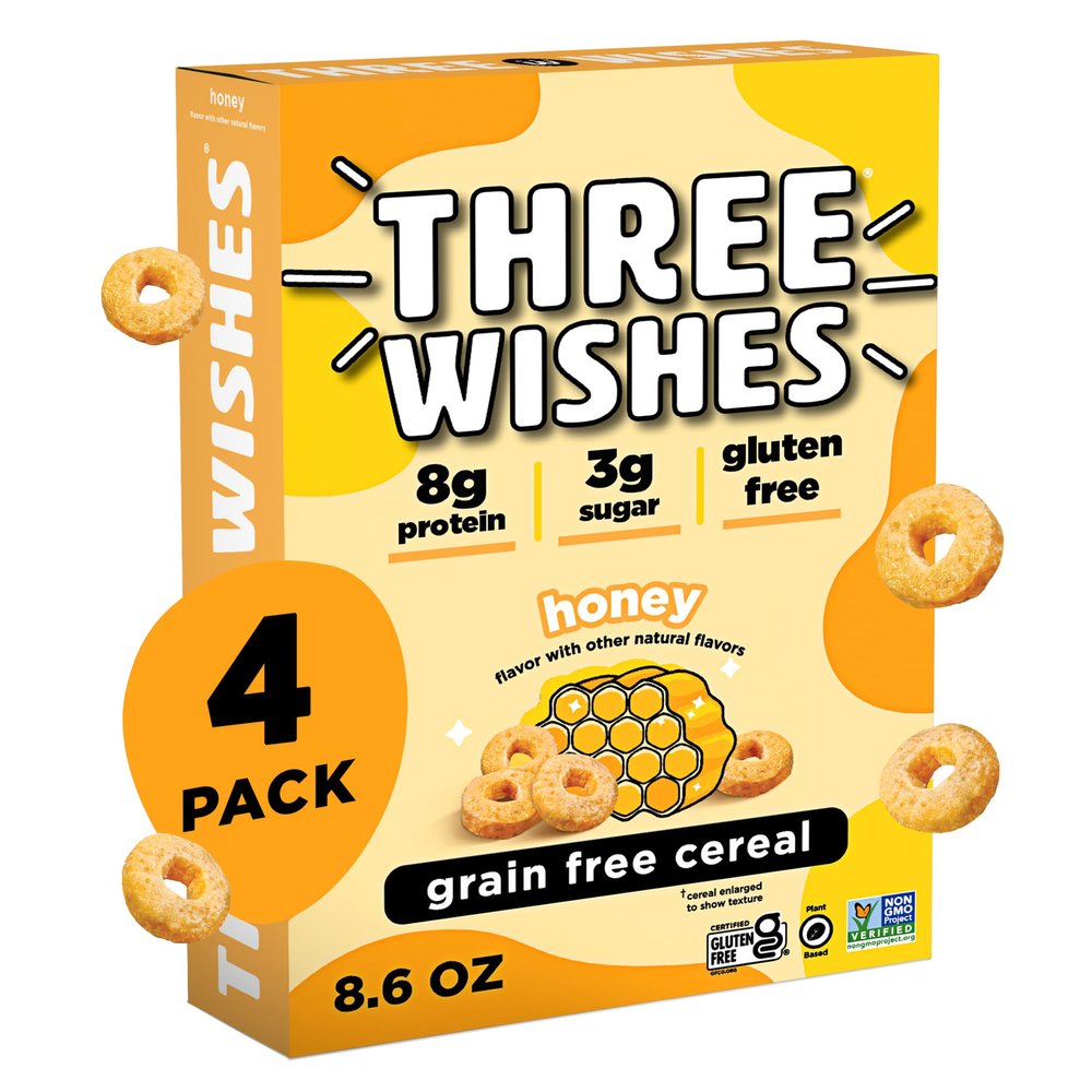 Three Wishes Grain-Free & Protein Cereal - Healthy, Low Sugar & Gluten-Free Breakfast Cereal - Low Carb, Plant-Based, Vegan & Non-GMO - Honey, 4-Pack