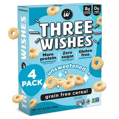 Three Wishes Grain-Free & Protein Cereal - Healthy, Sugar-Free & Gluten-Free Breakfast Cereal - Low Carb, Plant-Based, Vegan & Non-GMO - Unsweetened, 4-Pack