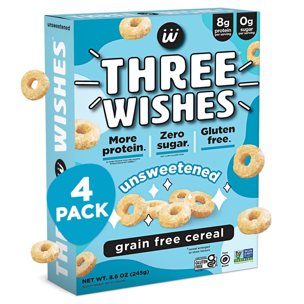 Three Wishes Grain-Free & Protein Cereal - Healthy, Sugar-Free & Gluten-Free Breakfast Cereal - Low Carb, Plant-Based, Vegan & Non-GMO - Unsweetened, 4-Pack