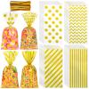 Aodaer 100 Pieces 10.6 x 5.1 In Gold Cellophane Bags Plastic Candy Bag Cellophane Treat Bags Polka Dot Stripes Printed Pattern Goodie Gift Bag with Twist Ties for Birthday, Baby Showers, Weddings Party Supplies view 1