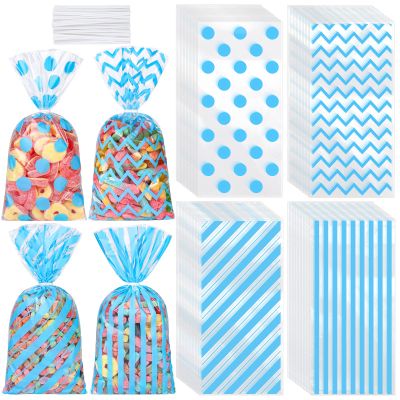 Aodaer 100 Pieces 10.6 x 5.1 In Blue Cellophane Bags Plastic Candy Bags Cellophane Treat Bag Polka Dot Stripes Printed Pattern Goodie Gift Bag with Twist Ties for Birthday, Baby Showers, Weddings Party Supplies