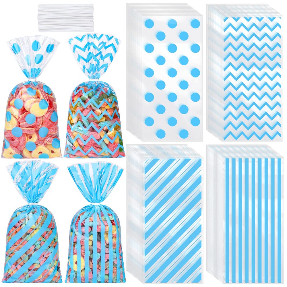 Aodaer 100 Pieces 10.6 x 5.1 In Blue Cellophane Bags Plastic Candy Bags Cellophane Treat Bag Polka Dot Stripes Printed Pattern Goodie Gift Bag with Twist Ties for Birthday, Baby Showers, Weddings Party Supplies