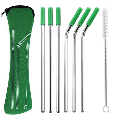 Hoshen 7 Piece 8.5 Inch Reusable Stainless Steel Straw Set With Anti-Scratch Mouth Silicone Tip, Bone Pack Set (3 Straight/3 Curved/1 Brush/6 Silicone Mouth) - Green
