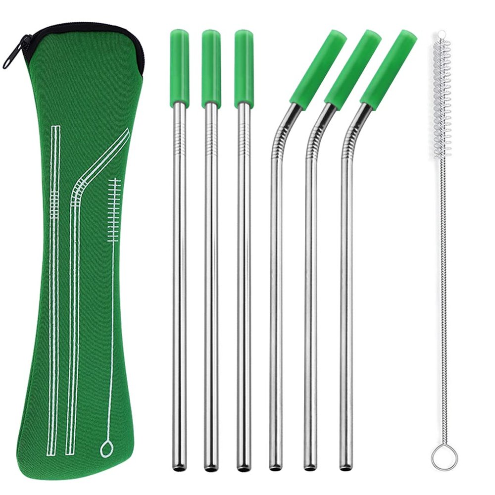 Hoshen 7 Piece 8.5 Inch Reusable Stainless Steel Straw Set With Anti-Scratch Mouth Silicone Tip, Bone Pack Set (3 Straight/3 Curved/1 Brush/6 Silicone Mouth) - Green