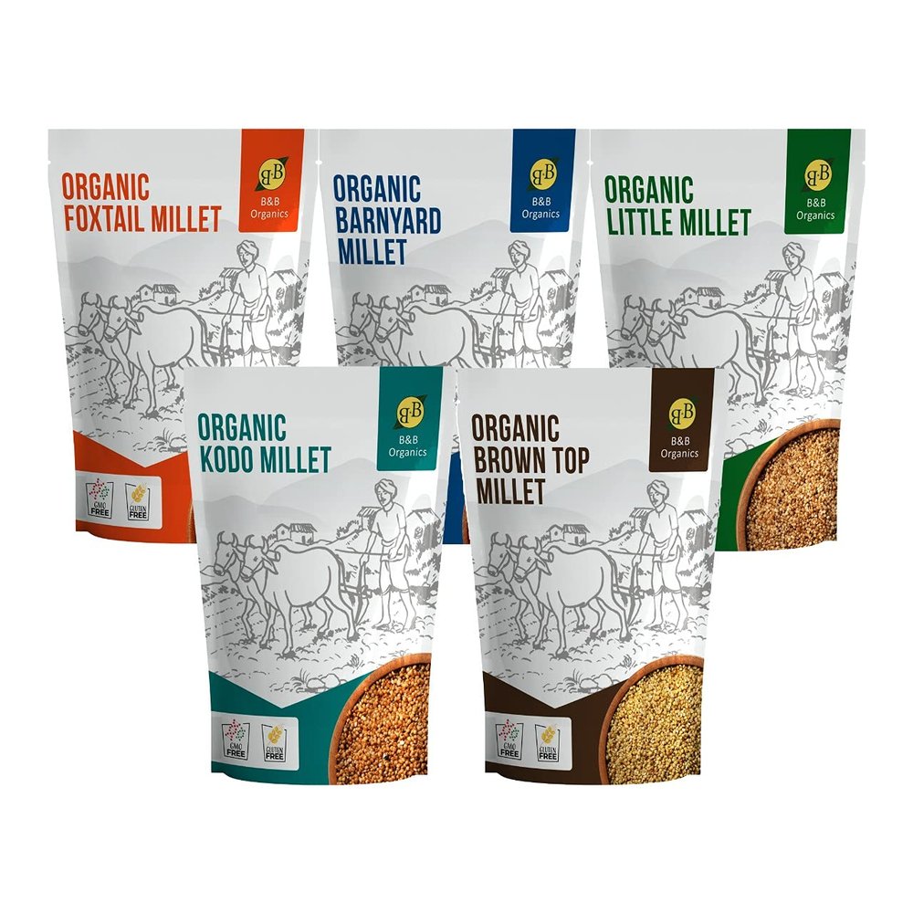 B&B Organics Mixed Millet Combo of 5 (Little, Kodo, Foxtail, Barnyard & Browntop Millet) - Each 250 g/ 2.75 lbs