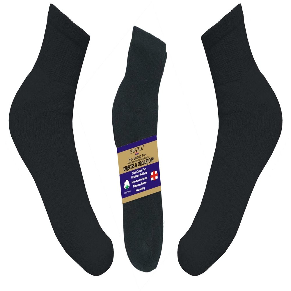 BRAZIZ Diabetic Ankle Socks, Non-Binding Circulatory Doctor Approved Cushion Cotton Quarter Socks for Mens Womens 12 Pack (9-11, BLACK)