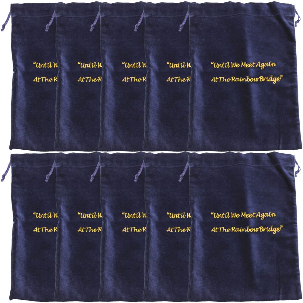 Large Blue Velvet Rainbow Bridge Cremains Bags for Ashes 10-Pack - Large Size 10"L x 12"H - for Holding 230 Cubic Inches of Pet Cremains - Includes Plastic Bags for Ashes