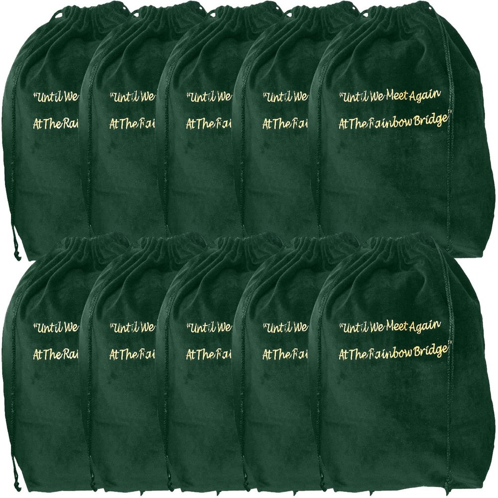 Medium Green Rainbow Bridge Velvet Cremation Urn Bag 10-Pack - Velvet Cotton Bags for Urns - Medium Size 9"L x 6"W x 13"H - Great for Holding a Pet Urn Measuring 11"H or Smaller