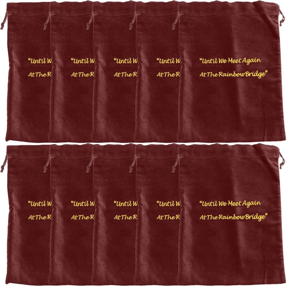 Extra Large Burgundy Velvet Rainbow Bridge Cremains Bags for Ashes 10-Pack - Extra Large Size 13"L x 15"H - for Holding 400 Cubic Inches of Pet Cremains - Includes Plastic Bags for Ashes