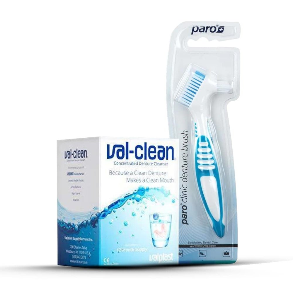 Yourdent-USA Val-Clean Concentrated Denture Cleaner & Paro Clinic Dual-Head Denture Brush Set  1-Year Supply for Effective Cleaning of Dentures, Retainers & Night Guards