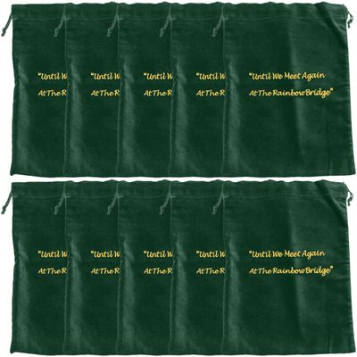 Large Green Velvet Rainbow Bridge Cremains Bags for Ashes 10-Pack - Large Size 10"L x 12"H - for Holding 230 Cubic Inches of Pet Cremains - Includes Plastic Bags for Ashes