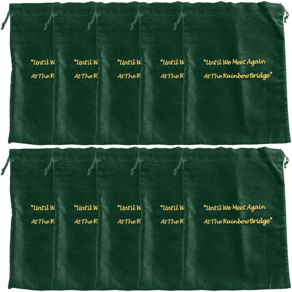 Large Green Velvet Rainbow Bridge Cremains Bags for Ashes 10-Pack - Large Size 10"L x 12"H - for Holding 230 Cubic Inches of Pet Cremains - Includes Plastic Bags for Ashes