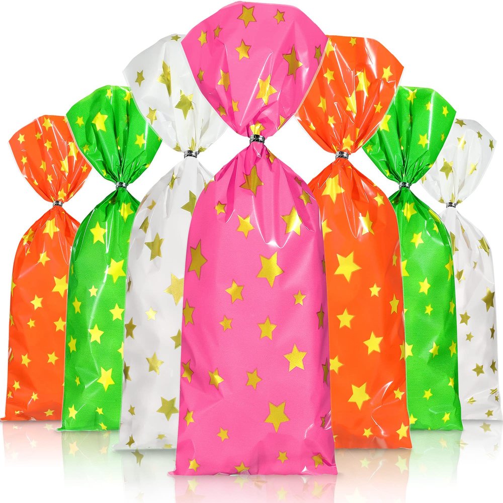 100 Pcs Cellophane Treat Bags, Polka Dots Goodie Bags Star Party Favor Treat Candy with 100 Twist Ties Rainbow Stars Theme for Birthday Baby Shower Pride Day School Supplies (Star Style)