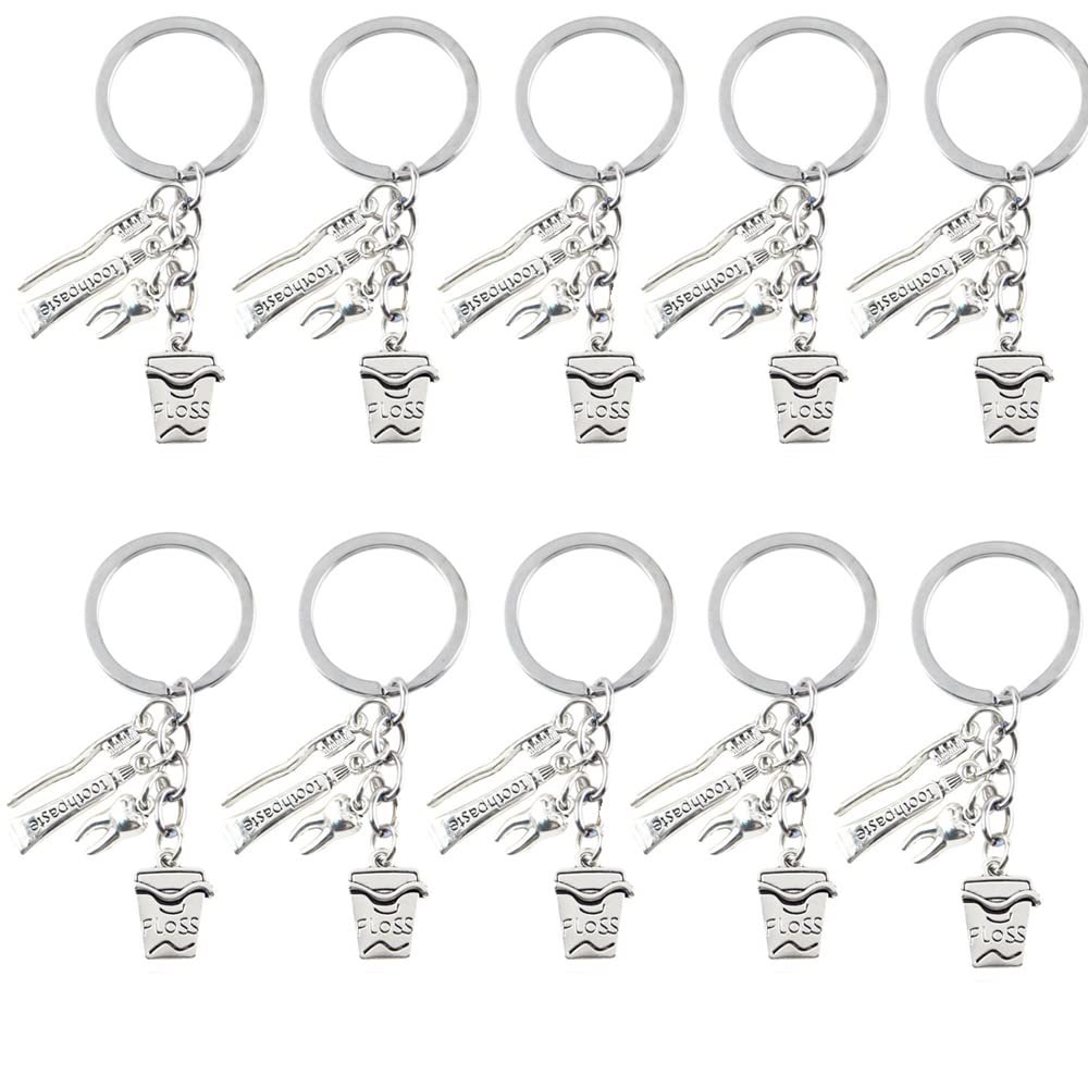 airgoesin 10pcs Toothbrush Toothpaste Keychain Metal Pendant Key Ring for Birthday Keychain for Kids Children Adults Giveaways