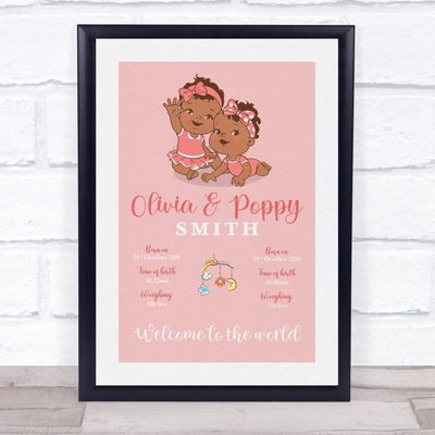 New Baby Birth Details Christening Nursery Dark Skin Girl Twins Gift Print