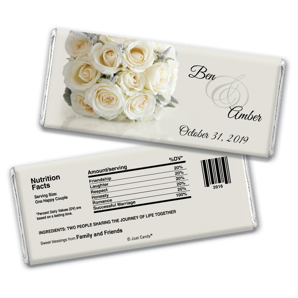 25 DIY Wedding Favors for Guests Personalized Wrappers for Chocolate Bars (25 Pack) - Bridal Shower Favors for Guests, Silver Foil - Candy Not Included