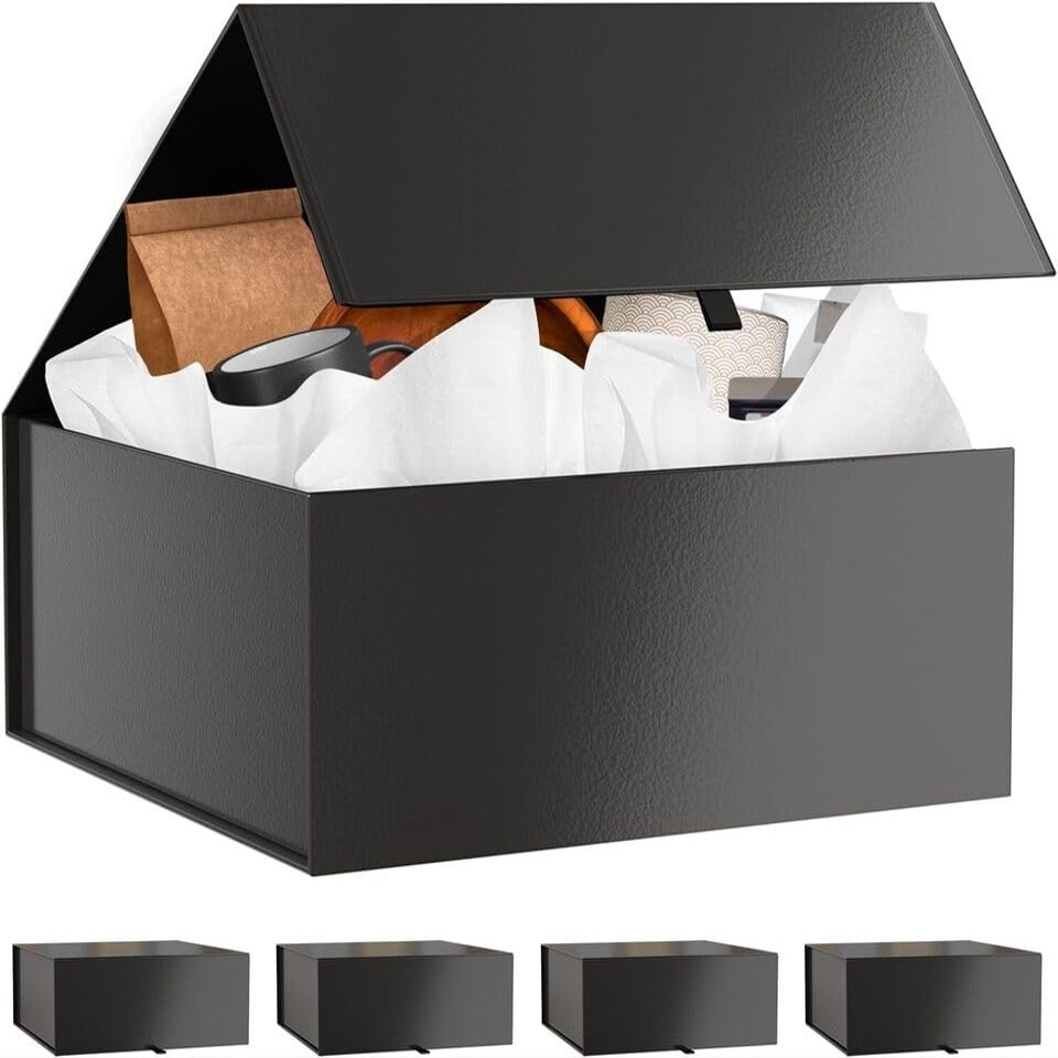 Kiniu 5Pack Black Gift Boxes with Lids Bulk - Gift Boxes for Presents with 25PCS White Tissue Paper - Black Gift Box Set - Collapsible Magnetic Closure Box for Bridesmaid Proposal Boxes, Groomsman Box, Wedding, Birthday, Shirt - 9.25x9.25x3.75 Inches