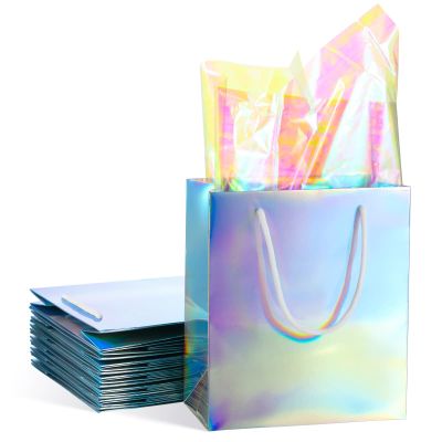 12 Pcs Iridescent Gift Bags Holographic Party Bags with Handles and 20 Pcs Rainbow Glossy Clear Film Cellophane Sheets Reflective Wrapping Paper for Party Supplies