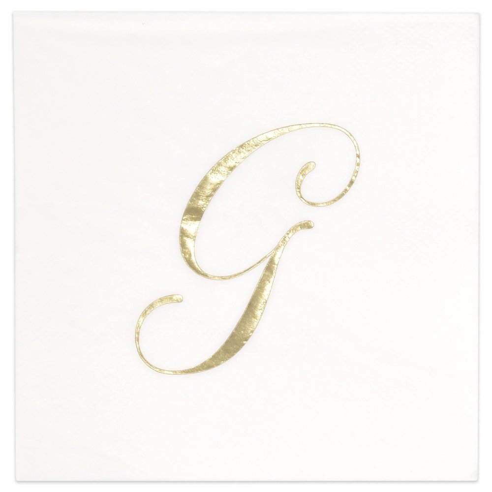 Gift Boutique 100 Gold Monogram Cocktail Napkins Letter G Disposable Paper Pack Elegant Metallic Golden Foil Hand Napkin for Powder Room Wedding Holiday Birthday Party Baby Shower Decorative Towels