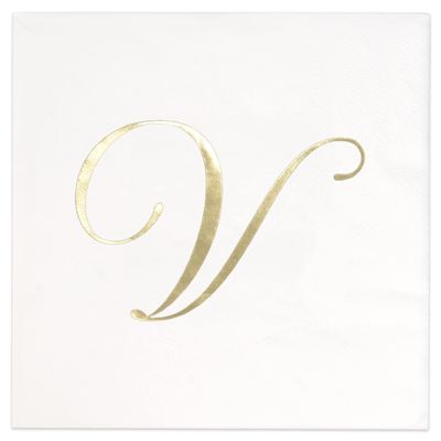 Gift Boutique 100 Gold Monogram Cocktail, Letter V Disposable Paper Pack Elegant Metallic Golden Foil Hand Napkin for Powder Room Wedding Holiday Birthday Party Baby Shower Decorative Towels