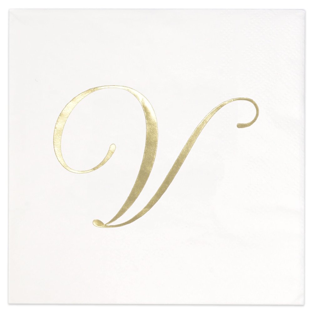 Gift Boutique 100 Gold Monogram Cocktail, Letter V Disposable Paper Pack Elegant Metallic Golden Foil Hand Napkin for Powder Room Wedding Holiday Birthday Party Baby Shower Decorative Towels