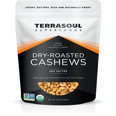 Terrasoul Superfoods Organic Dry-Roasted & Lightly Salted Cashews, 16oz Resealable Pouch - Perfect for Snacking, Baking, and On-the-Go Fuel
