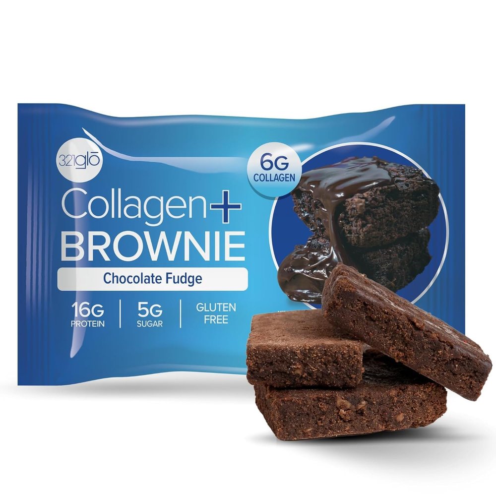 321glo Collagen Protein Brownie | Gluten Free, Low Sugar | Keto Snack for Women, Men, & Kids | 16g Protein, 6g Collagen | 12 Pack (12 Pack, Chocolate Fudge)
