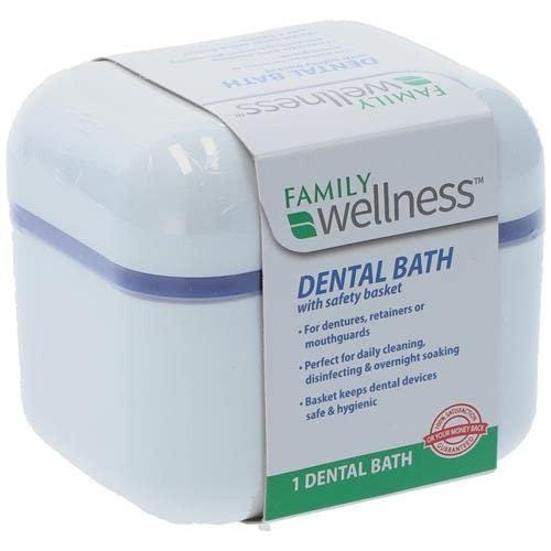 Family Wellness Denture Cup, DENTAL BATH with Strainer Basket, For Dentures, Retainers, Mouthguards, 1 Count