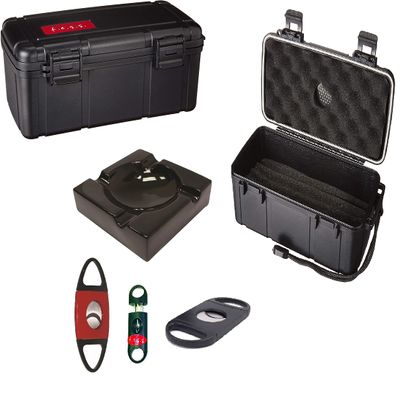 FESS Products F15 Gift Set Holds up to 15ct Travel Cigar Humidor Waterproof Holder Case with Cigar Ashtray 3 PC Cutter Combo Set (F15-Four Cigar Ceramic Ashtray Set)