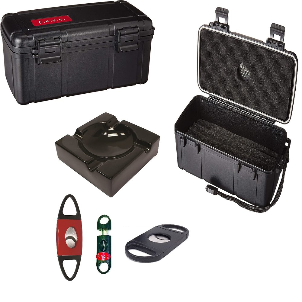 FESS Products F15 Gift Set Holds up to 15ct Travel Cigar Humidor Waterproof Holder Case with Cigar Ashtray 3 PC Cutter Combo Set (F15-Four Cigar Ceramic Ashtray Set)