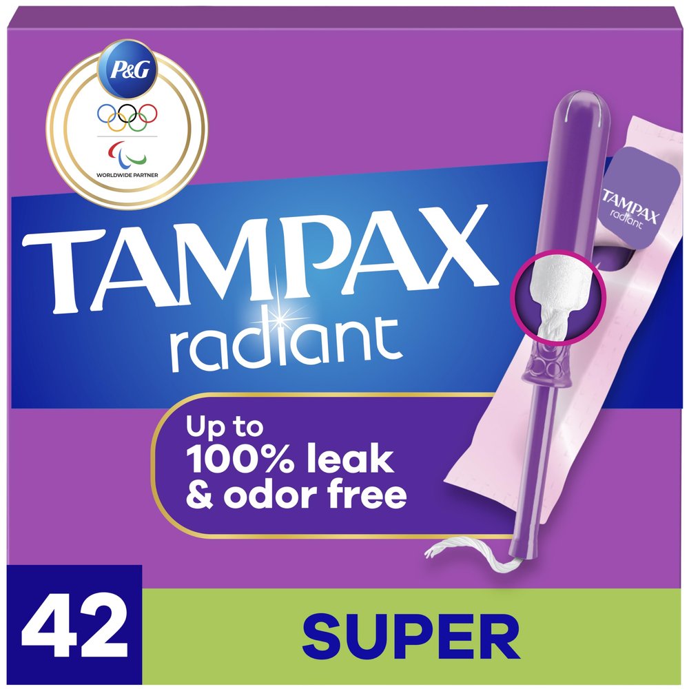 Tampax Radiant Tampons for Women, with LeakGuard Braid, Super Absorbency, Unscented, 42 Count