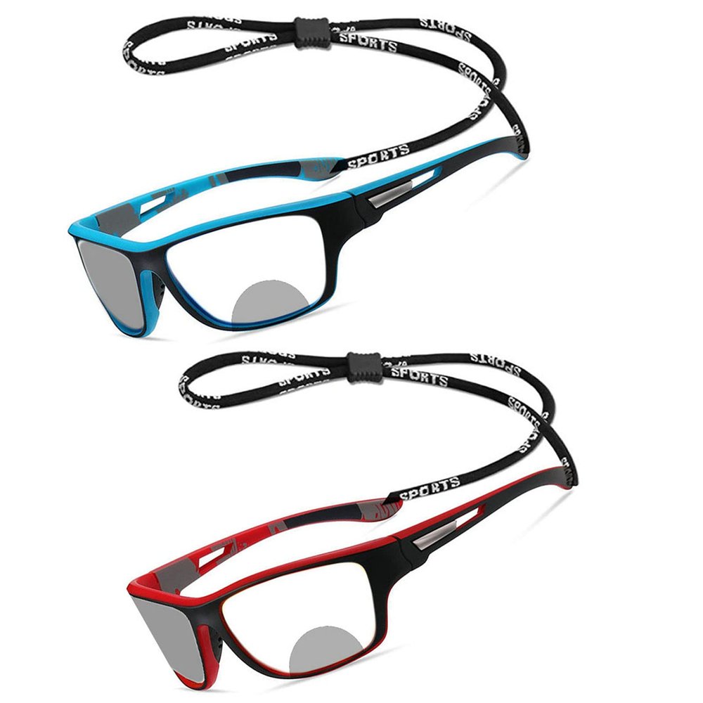 2Pack Cycling Transition Photochromic Bifocal Reading Glasses for Mens and Womens black Square Sports Sunglasses Readers (2pcs-blue&red, 1.25, multiplier_x)