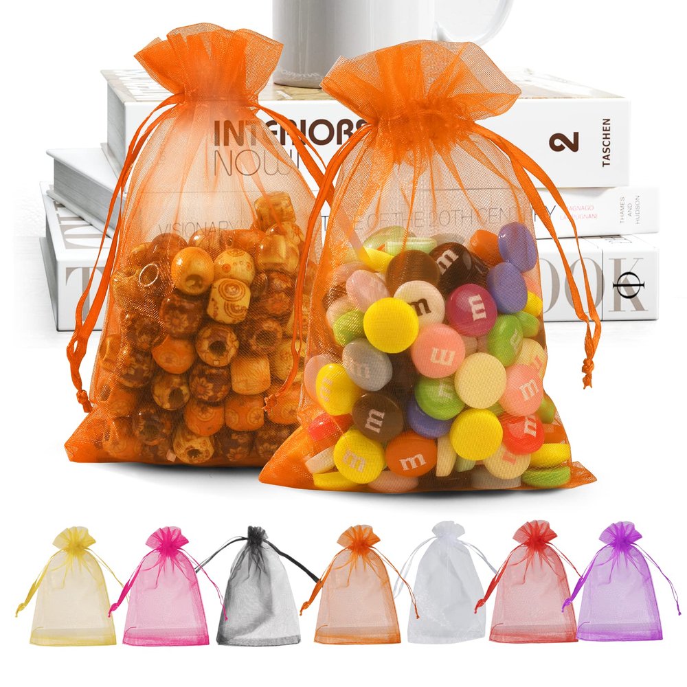 ANZNKU 100 Pack Organza Bags - 4x6 inch Small Sheer Mesh Gift Bags with Drawstring - Premium Orange Favor Bags for Halloween, Wedding, Party, Christmas