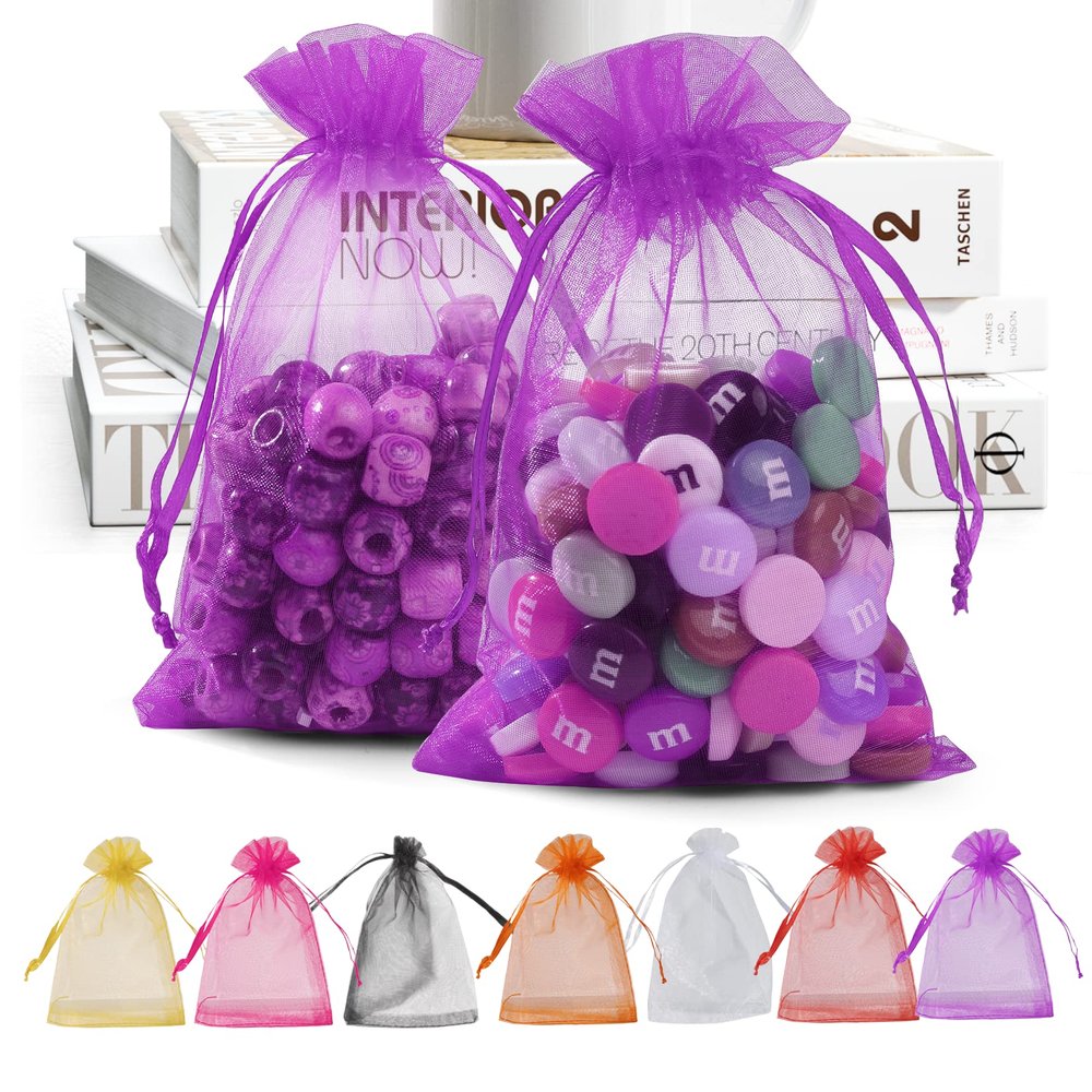 ANZNKU 100 PCS Small Organza Bags 4x6 Inches, Purple Gift Drawstring Pouches For Halloween Party Festival Earrings Cosmetic Favor Mesh Gift Bags