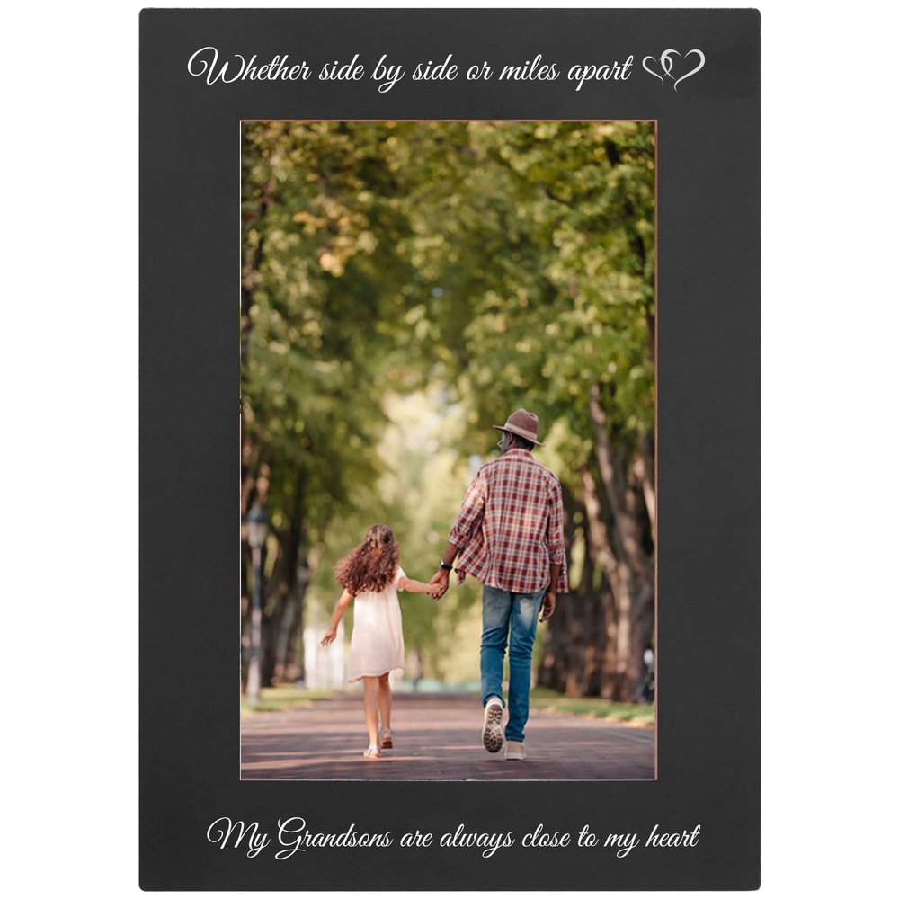 Whether Side By Side or Miles Apart My Grandsons is Always Close to my Heart Anodized Aluminum Metal Wall/Tabletop Family Photo Picture Memories Portrait Premium 8x10 Black Frame with Easel, Glass