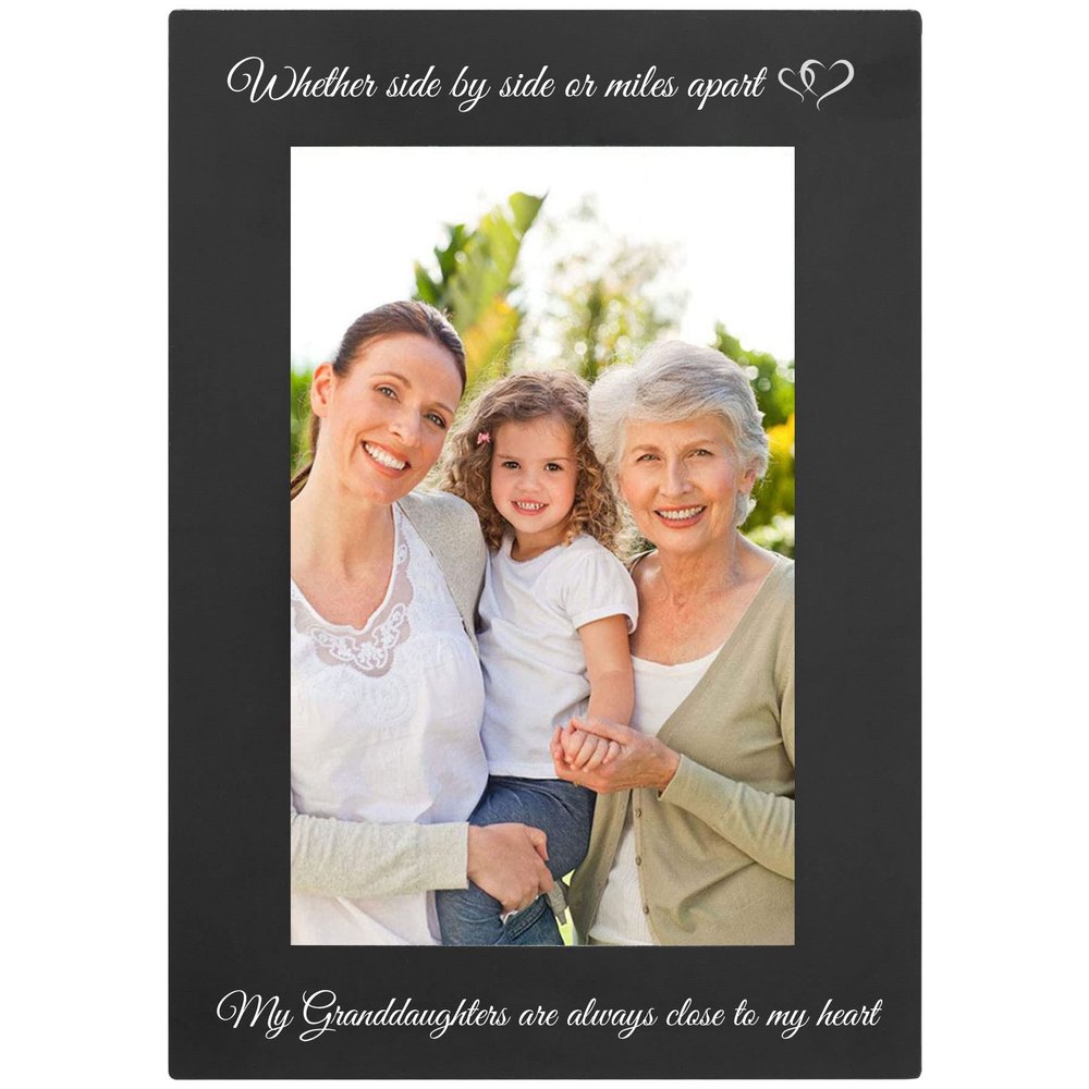Whether Side By Side or Miles Apart My Granddaughters is Always Close to my Heart Anodized Aluminum Metal Wall/Tabletop Family Photo Picture Memories Portrait Premium 4x6 Black Frame with Easel, Glass
