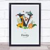 Jungle Animals Initial V Baby Birth Details Nursery Christening Gift Print view 1