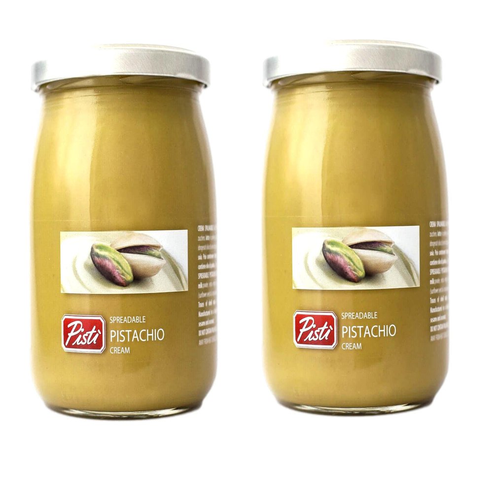 Pisti Italian Spreadable Pistachio Cream, 2 Glass Jars NT. WT. 21.2 oz. ( 600g) each., Green